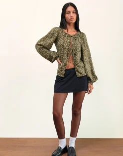 Motel Rocks Printed Tops | Long Sleeve Tops-Modeta Tie Top in Grunge Floral Khaki