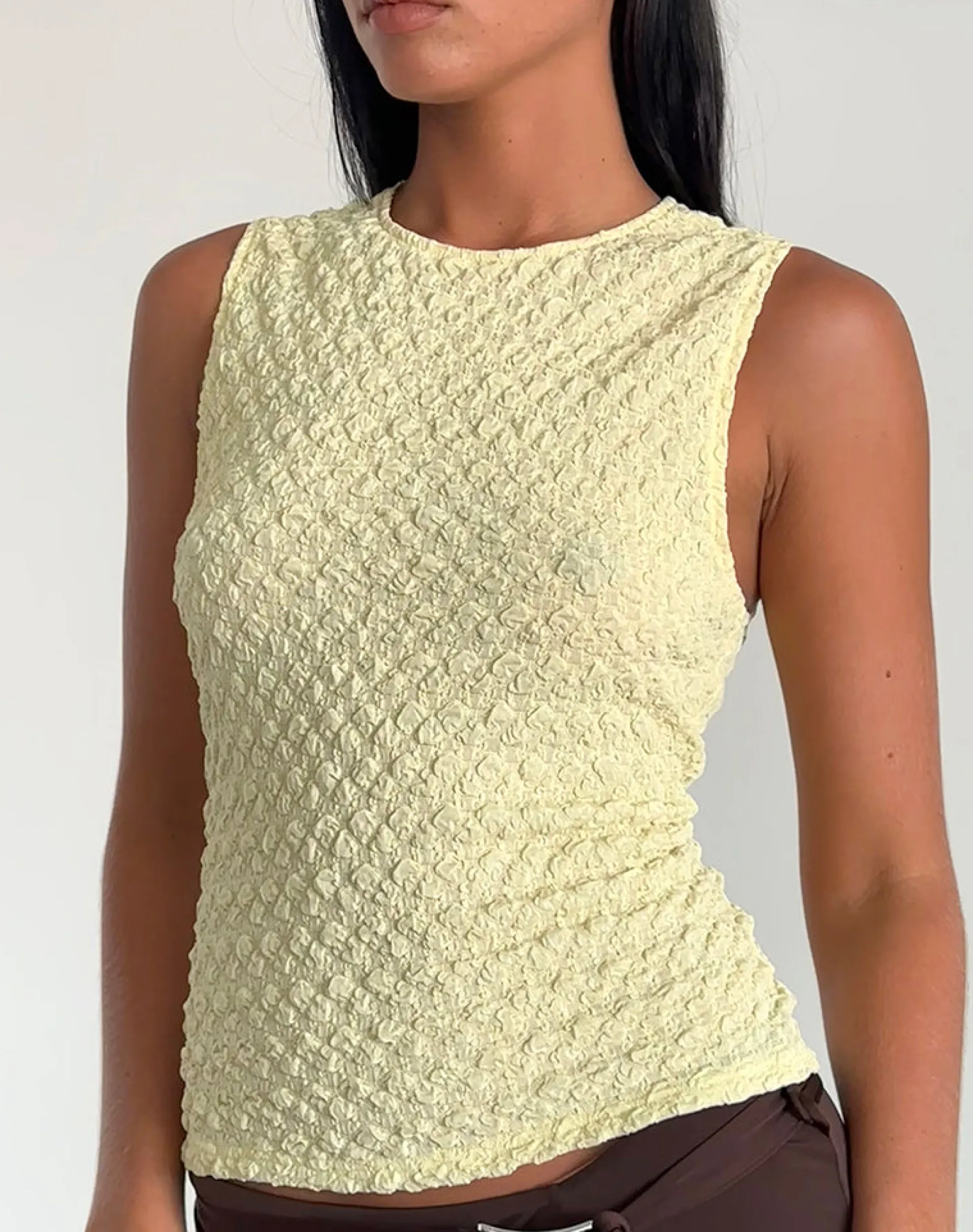 Motel Rocks Basic Tops | Vest Tops-Mohala Top in Bubble Knit Soft Yellow BubbleKnitSoftYellow