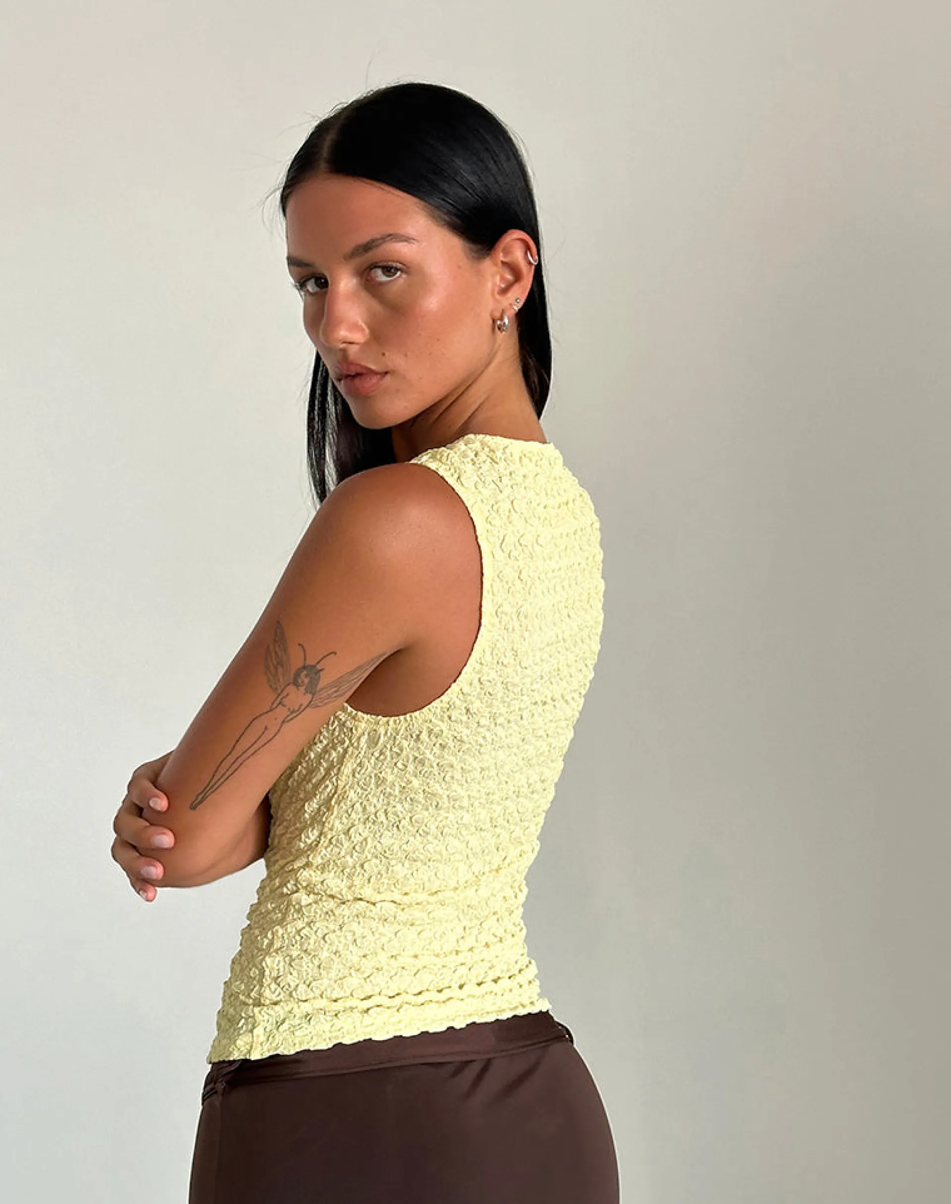 Motel Rocks Basic Tops | Vest Tops-Mohala Top in Bubble Knit Soft Yellow BubbleKnitSoftYellow