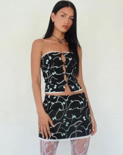 Motel Rocks Co-Ords | A Line Skirts-Molen Mini Skirt in Black with Pearl and Bow Print