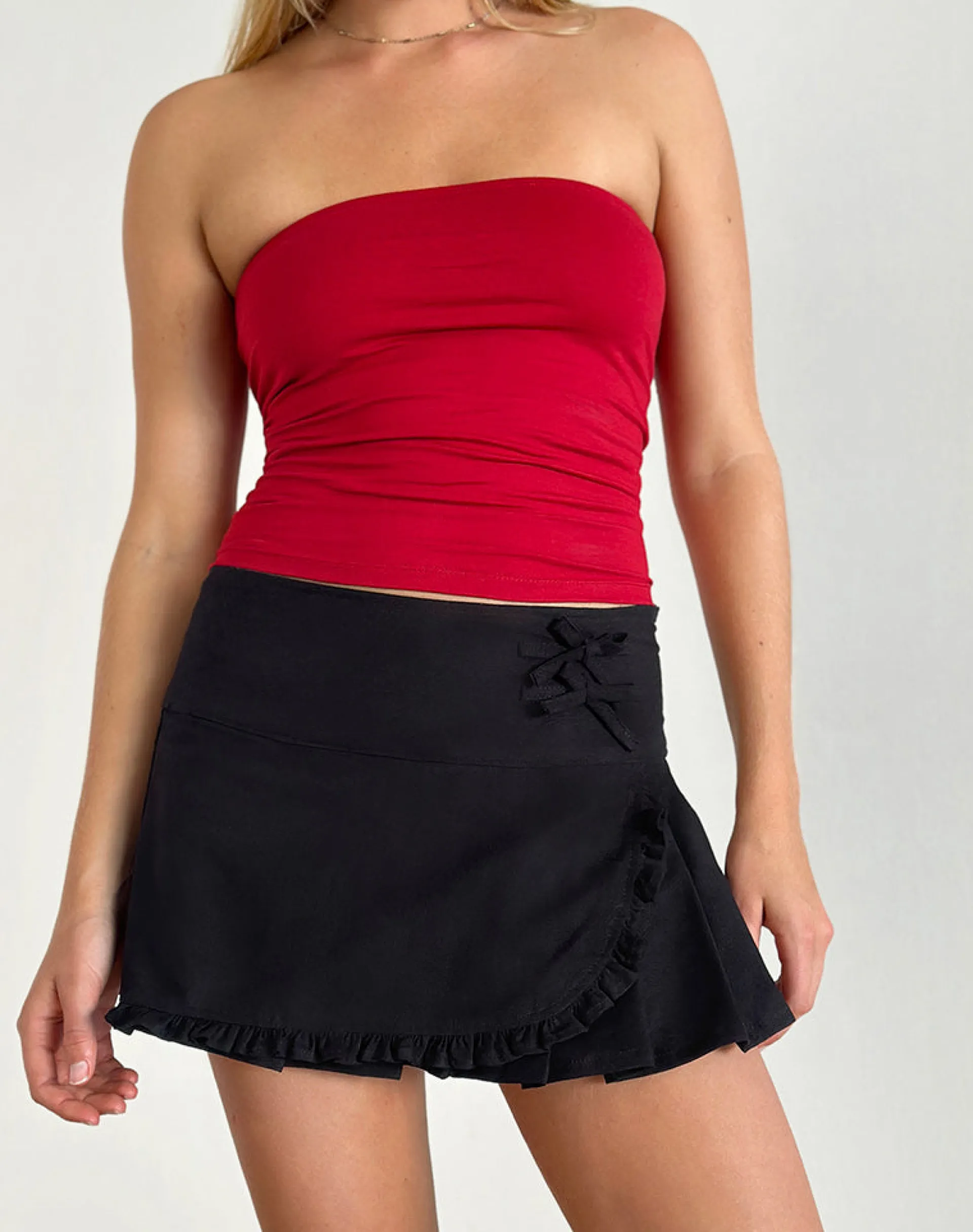 Motel Rocks A Line Skirts | Pleated Skirts-Monana Wrap Micro Skirt in Plain Black PlainBlack