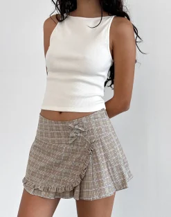 Motel Rocks Tailoring | Printed Skirts-Monana Wrap Micro Skirt in Check Taupe CheckTaupe