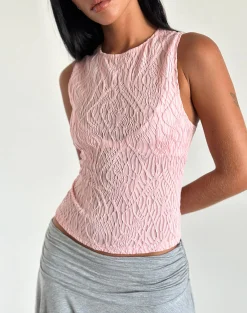 Motel Rocks Vest Tops-Monelo Textured Mesh Top in Sheer Pink SheerPink