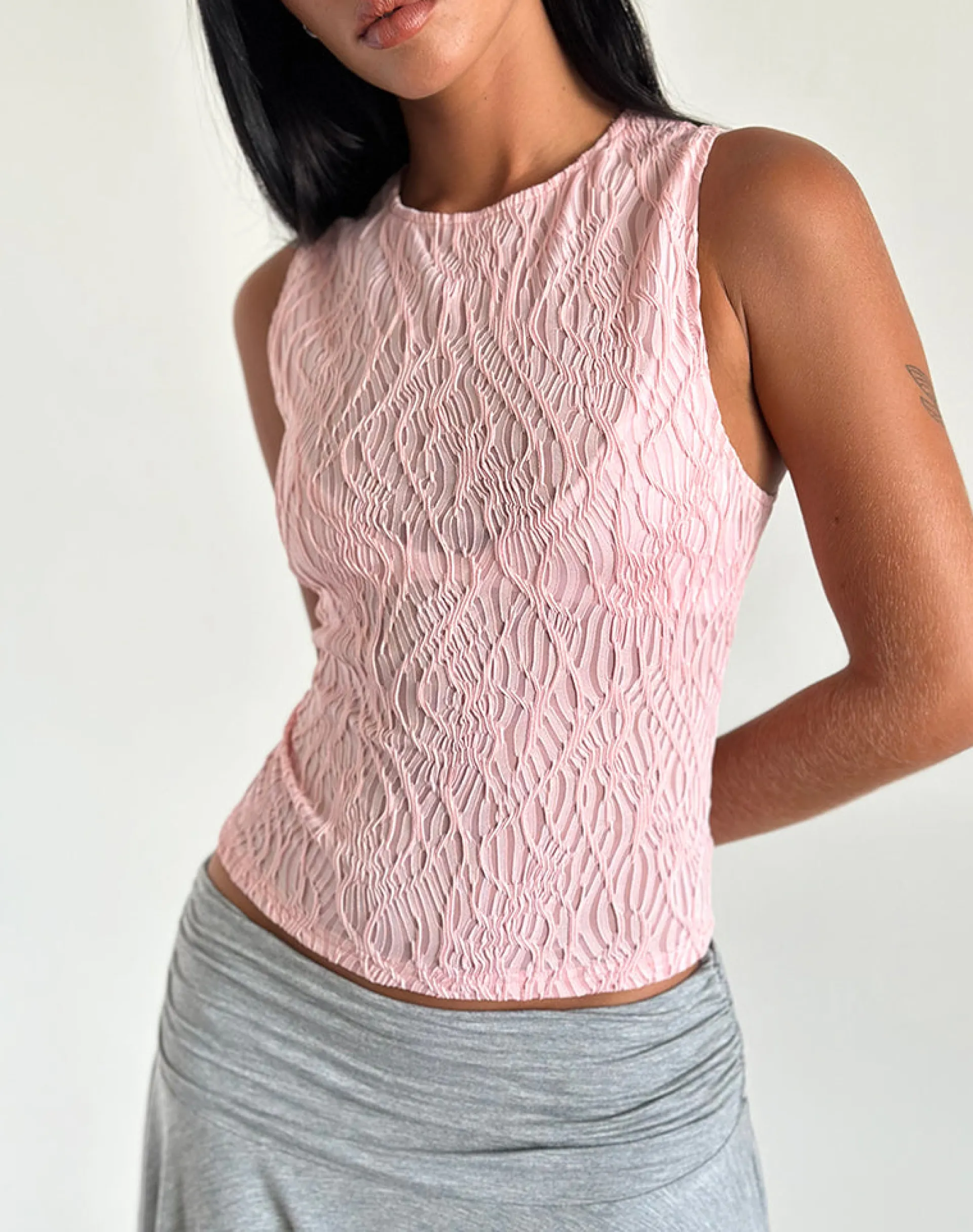 Motel Rocks Vest Tops-Monelo Textured Mesh Top in Sheer Pink SheerPink