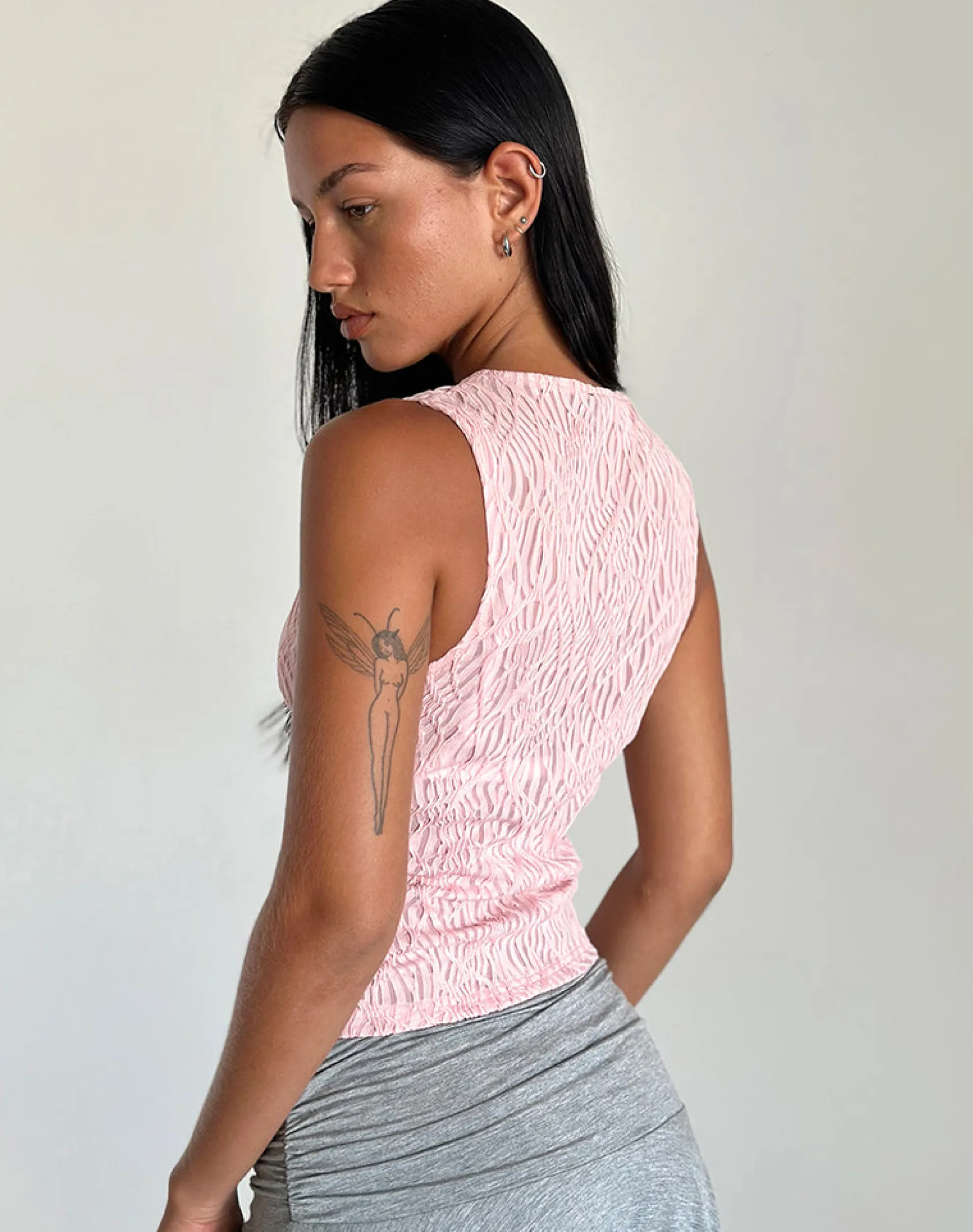Motel Rocks Vest Tops-Monelo Textured Mesh Top in Sheer Pink SheerPink