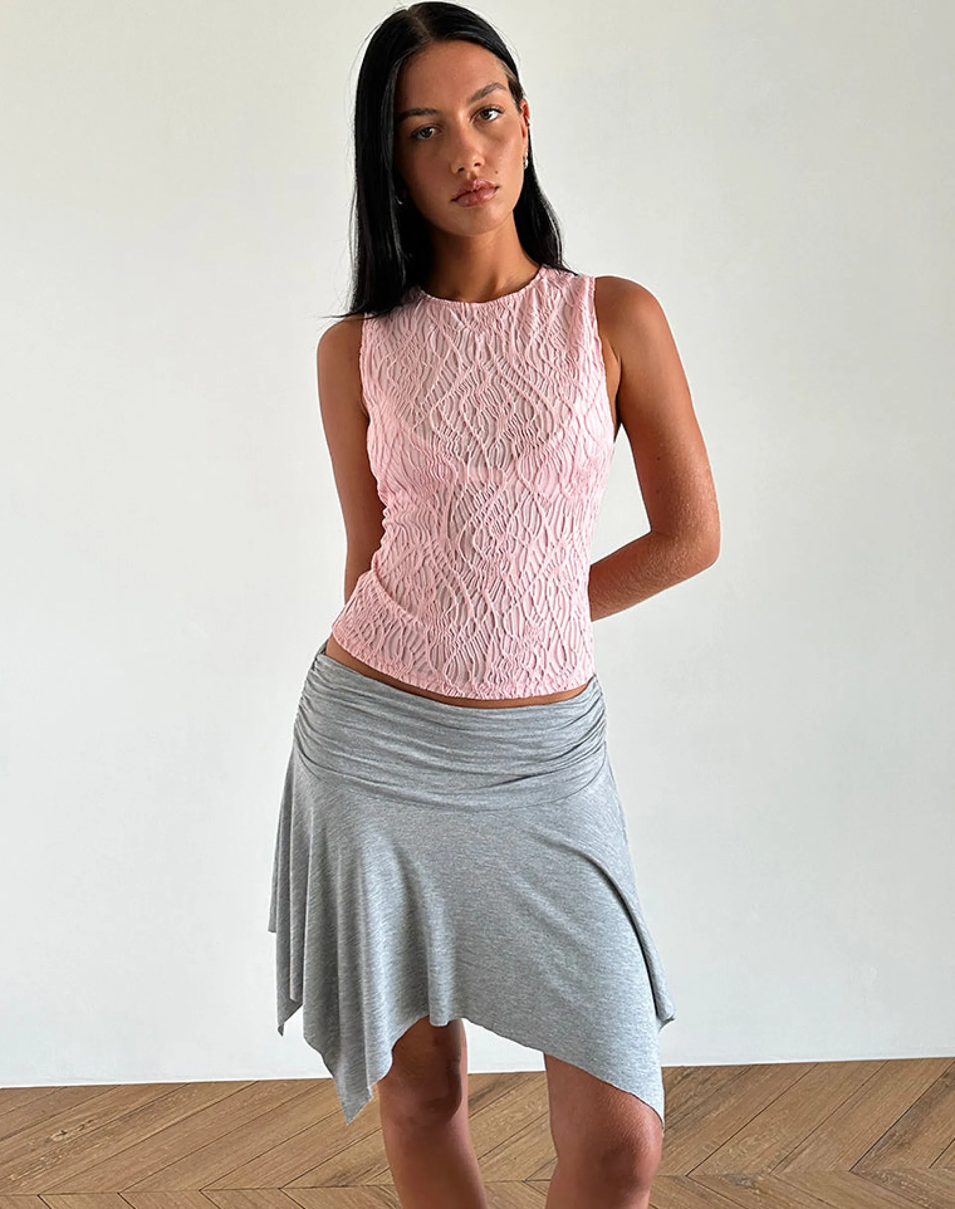 Motel Rocks Vest Tops-Monelo Textured Mesh Top in Sheer Pink SheerPink