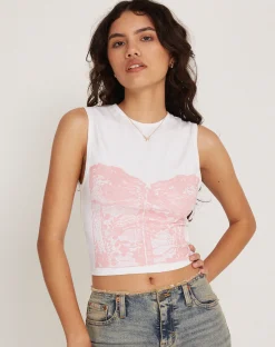 Motel Rocks Vest Tops | Printed Tops-Monlo Vest Top in White Pink Corset Print WhitePinkCorsetPrint