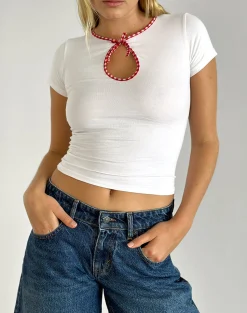 Motel Rocks Basic Tops-Monsel Tie Front Top in White with Red Gingham Binding WhitewithRedGinghamBinding