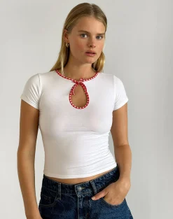 Motel Rocks Basic Tops-Monsel Tie Front Top in White with Red Gingham Binding WhitewithRedGinghamBinding