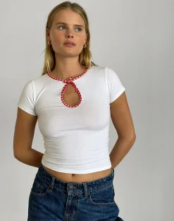 Motel Rocks Basic Tops-Monsel Tie Front Top in White with Red Gingham Binding WhitewithRedGinghamBinding
