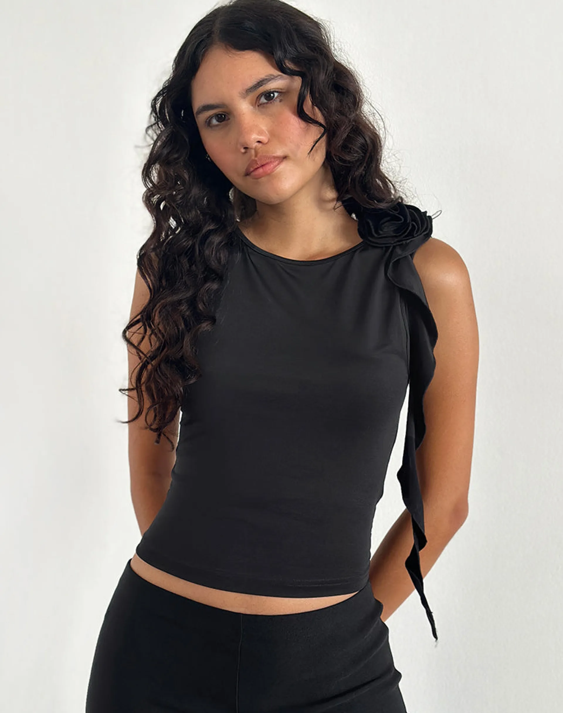 Motel Rocks Going Out Tops-Morena Rosette Top in Black