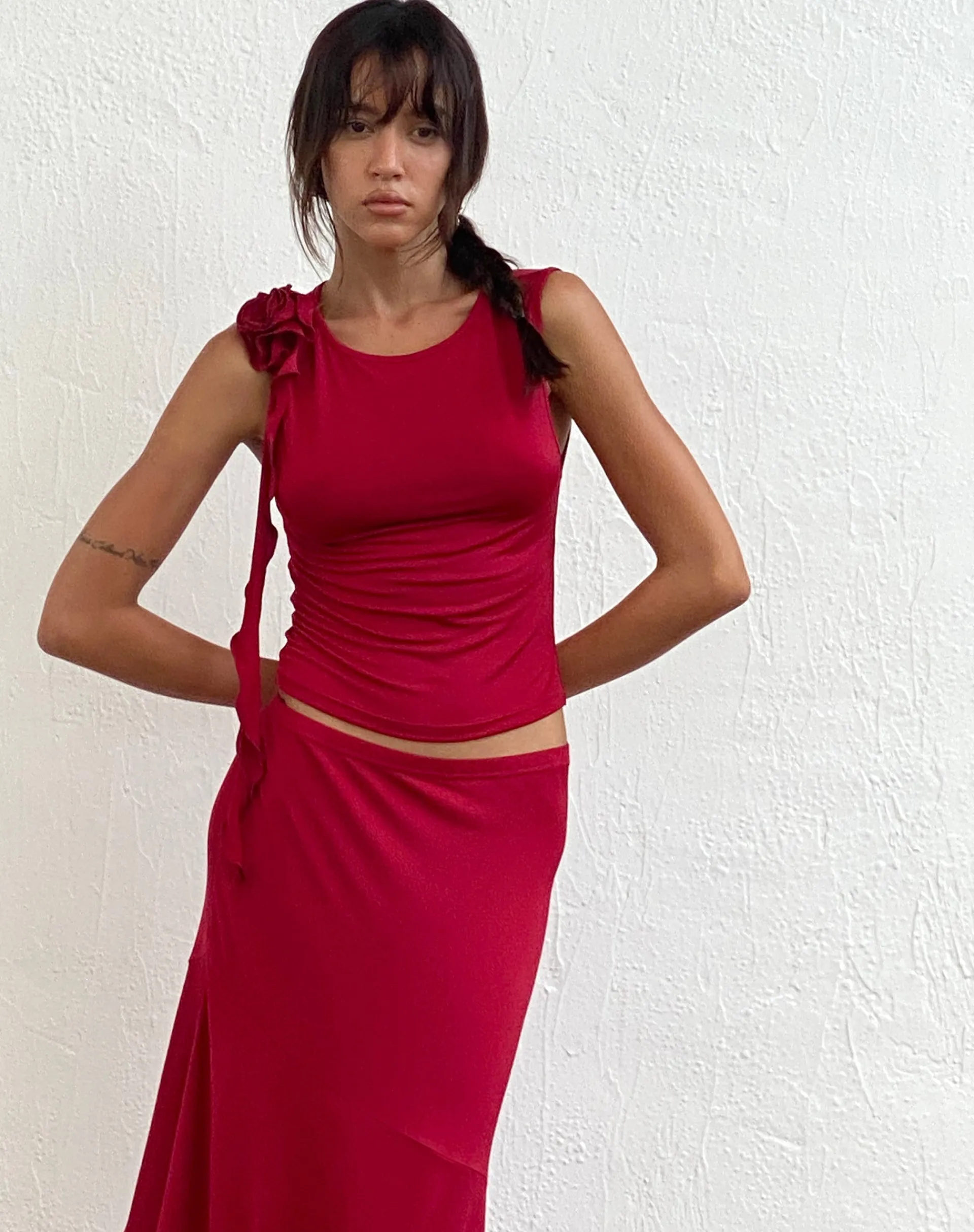 Motel Rocks Vest Tops | Going Out Tops-Morena Rosette Top in Red