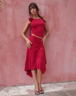 Motel Rocks Vest Tops | Going Out Tops-Morena Rosette Top in Red