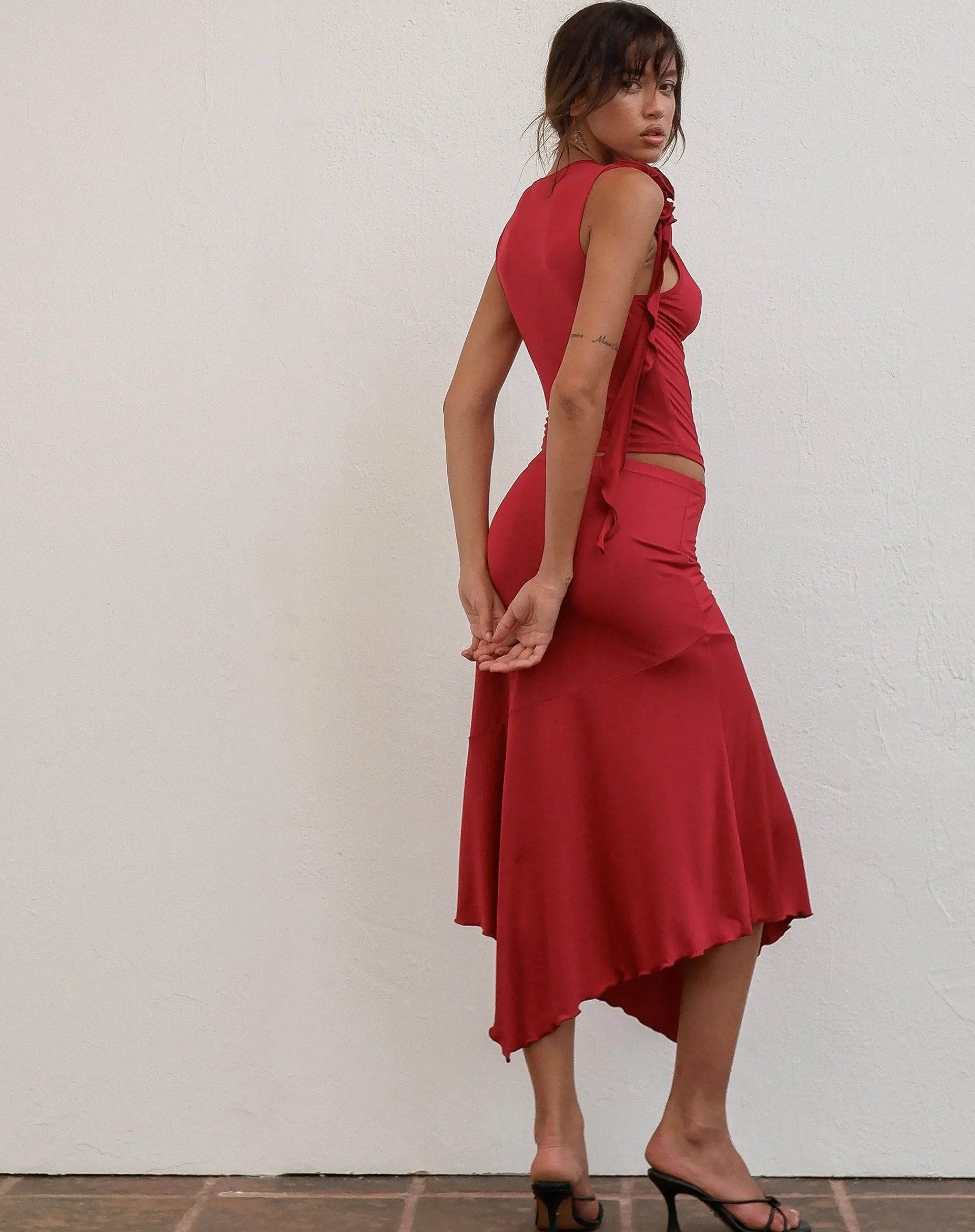 Motel Rocks Vest Tops | Going Out Tops-Morena Rosette Top in Red