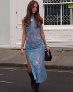 Motel Rocks Printed Dresses | Bodycon Dresses-MOTEL X JACQUIE Flo Midi Dress in Lumen Mesh Blue LumenMeshBlue