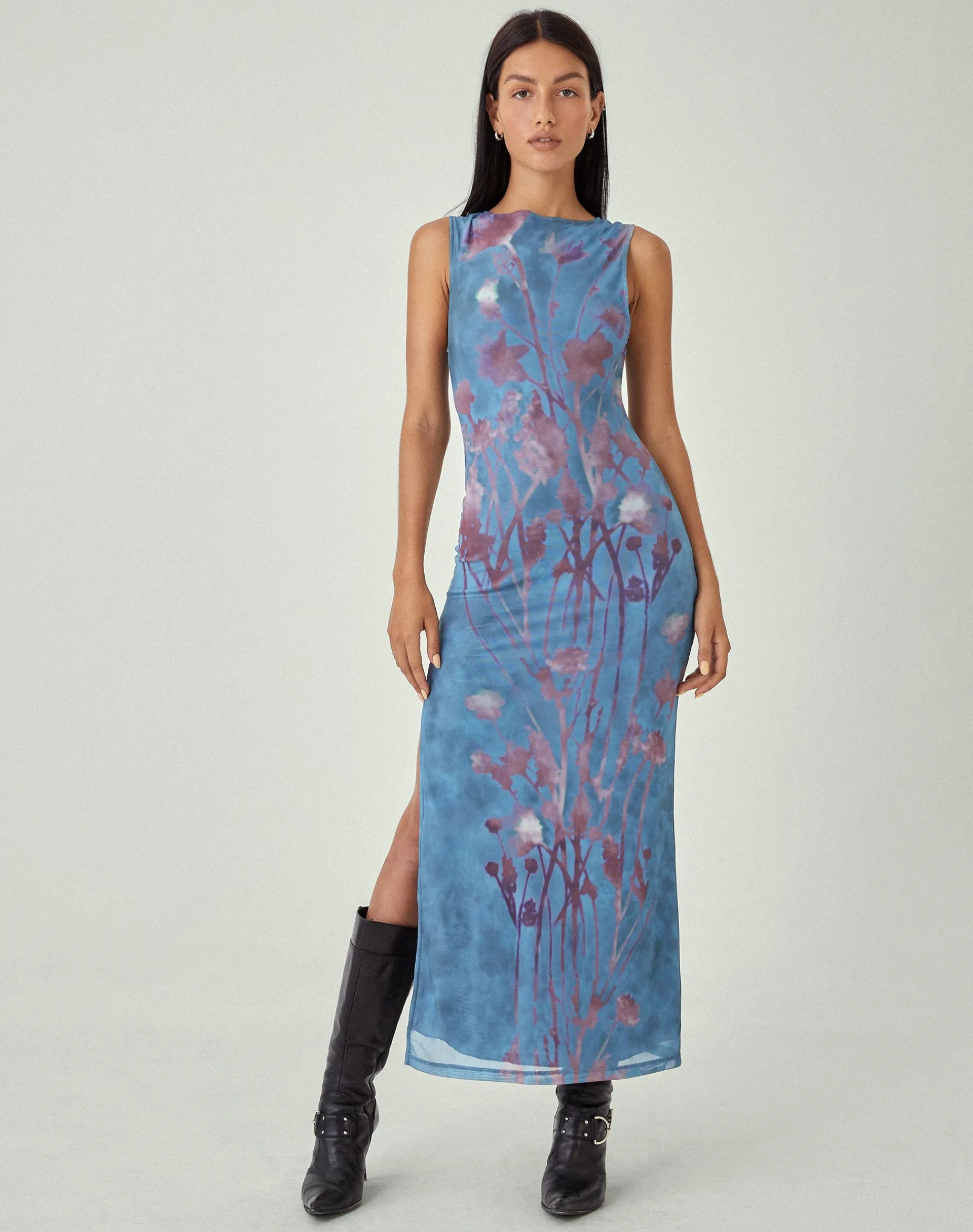 Motel Rocks Printed Dresses | Bodycon Dresses-MOTEL X JACQUIE Flo Midi Dress in Lumen Mesh Blue LumenMeshBlue