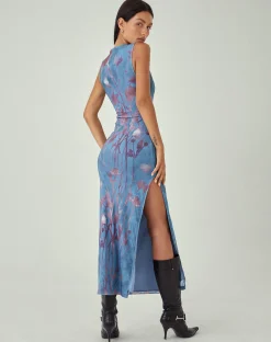 Motel Rocks Printed Dresses | Bodycon Dresses-MOTEL X JACQUIE Flo Midi Dress in Lumen Mesh Blue LumenMeshBlue