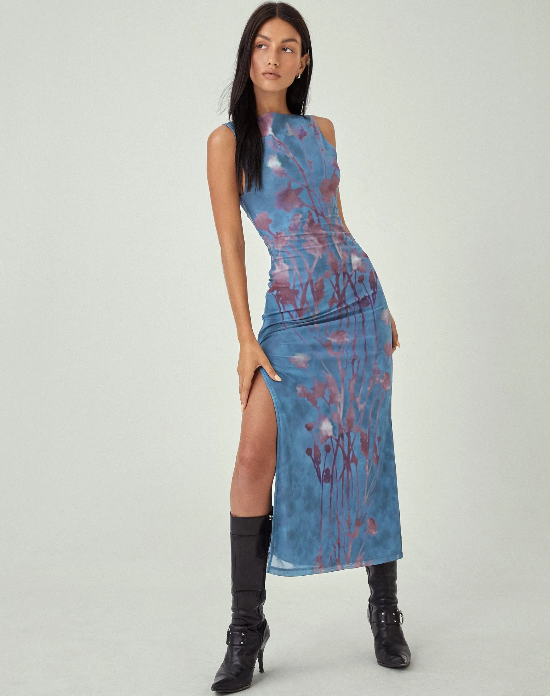 Motel Rocks Printed Dresses | Bodycon Dresses-MOTEL X JACQUIE Flo Midi Dress in Lumen Mesh Blue LumenMeshBlue