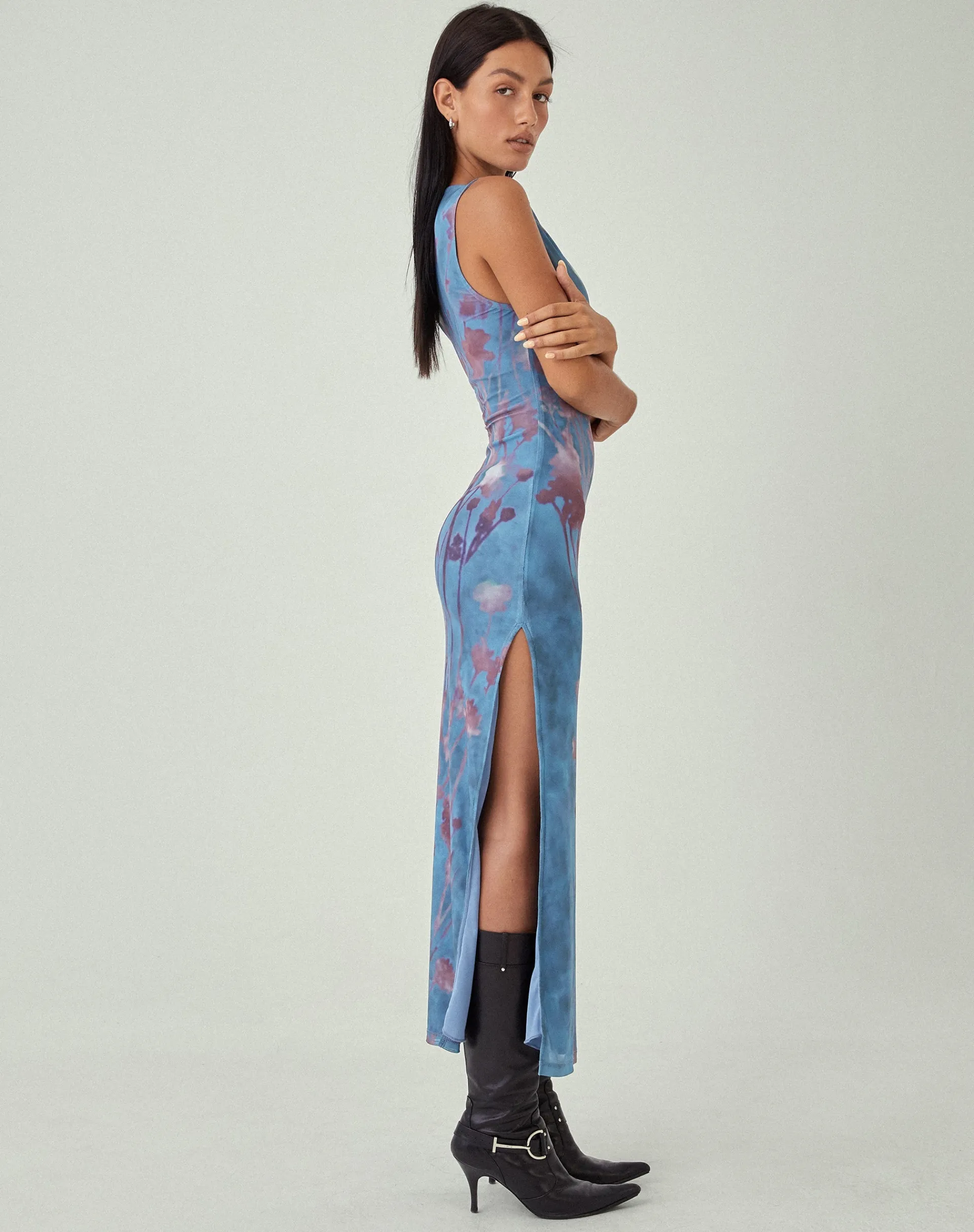 Motel Rocks Printed Dresses | Bodycon Dresses-MOTEL X JACQUIE Flo Midi Dress in Lumen Mesh Blue LumenMeshBlue