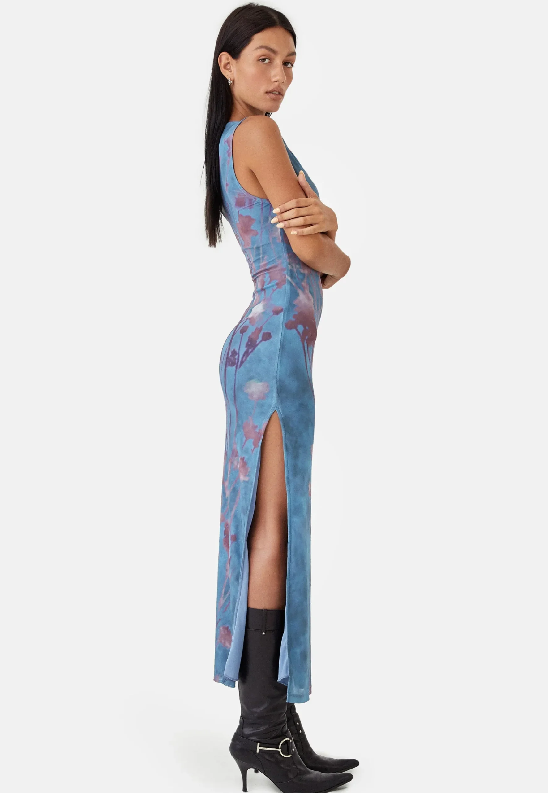 Motel Rocks Printed Dresses | Bodycon Dresses-MOTEL X JACQUIE Flo Midi Dress in Lumen Mesh Blue LumenMeshBlue
