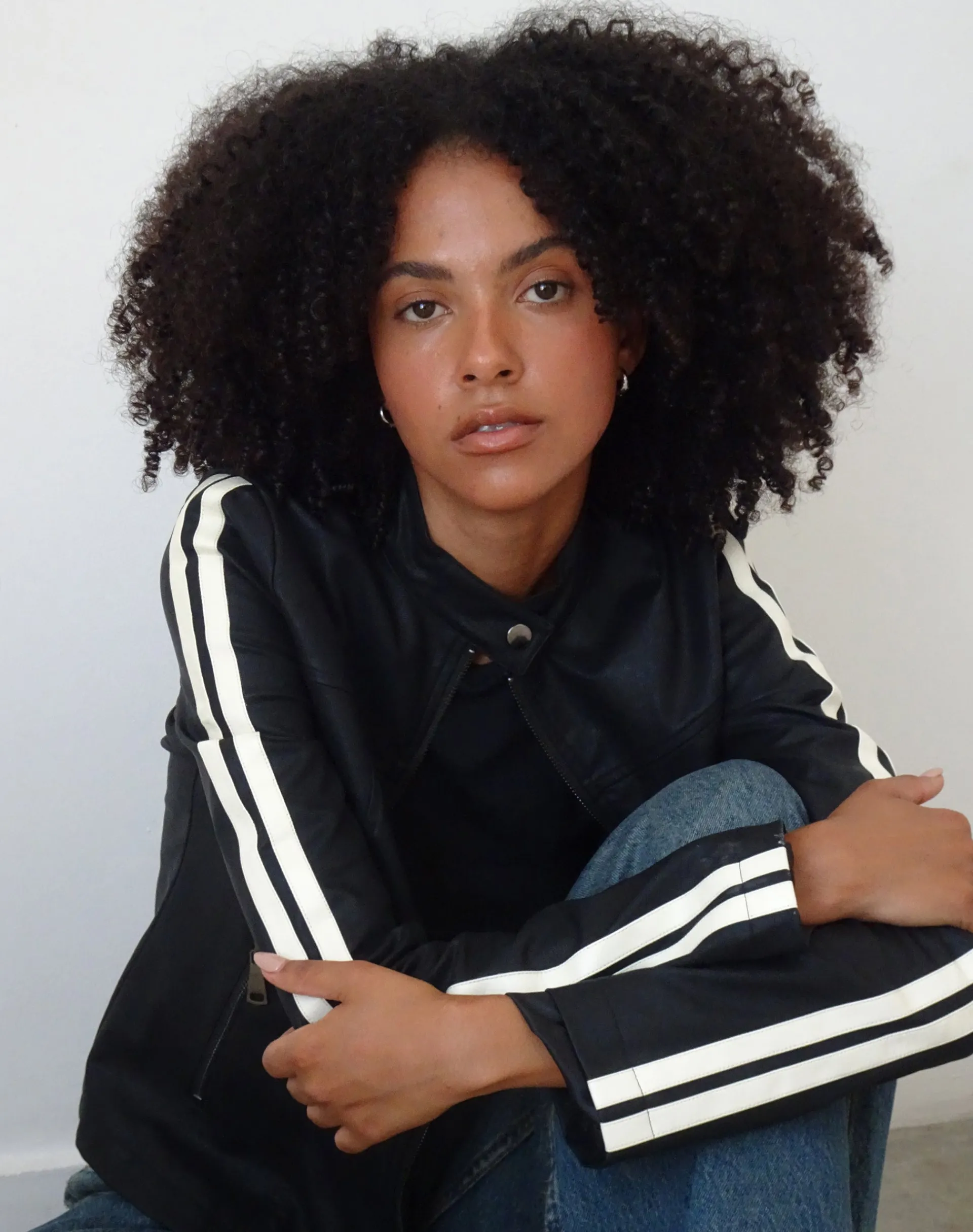 Motel Rocks Pu Jackets-MOTEL X JACQUIE Jacquie Zip Up Biker Jacket in PU Black with White Stripe PUBlack