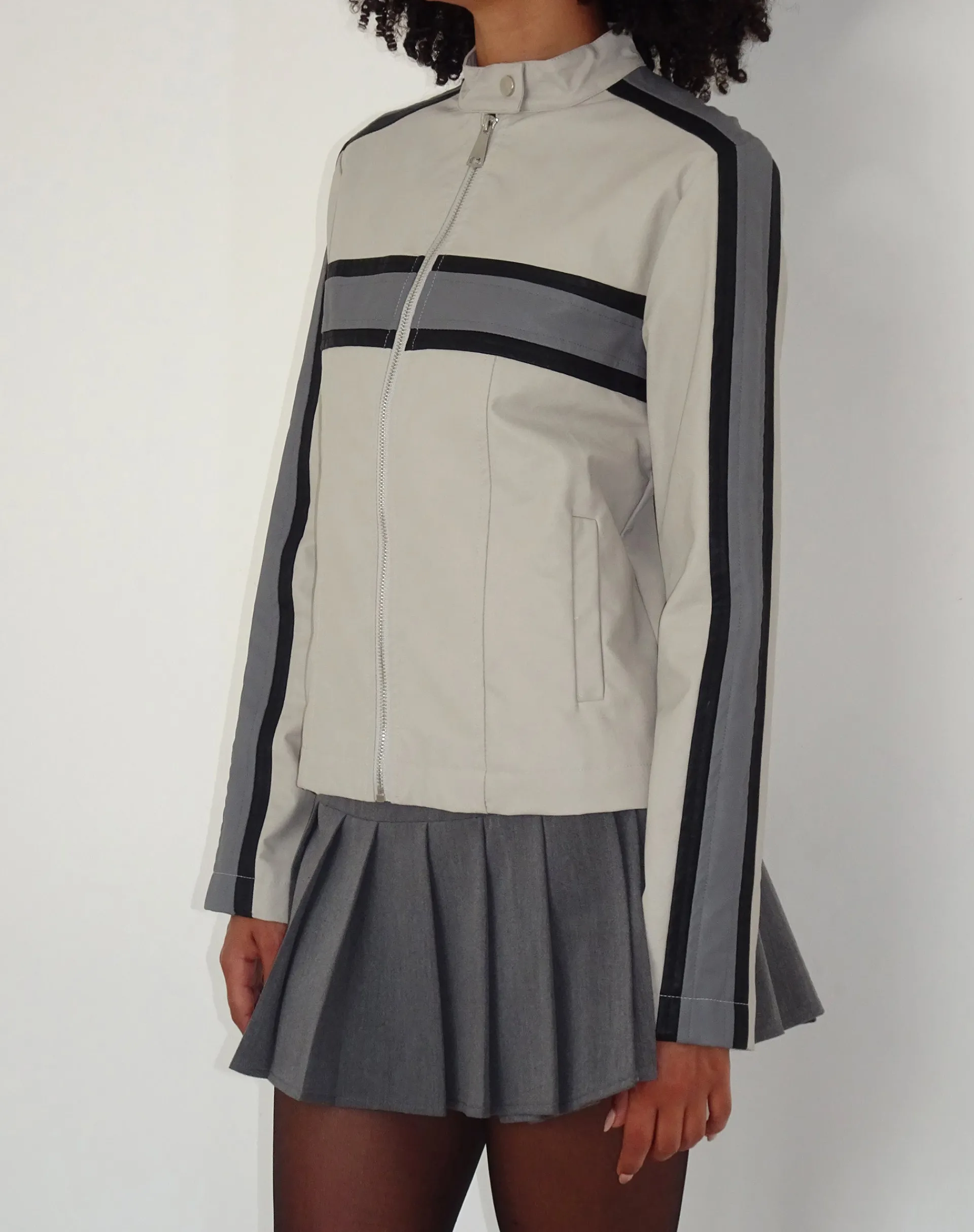 Motel Rocks Pu Jackets-MOTEL X JACQUIE Oliver Zip Up Jacket in Grey PU with Dark Grey Stripe PUSilverandGrey