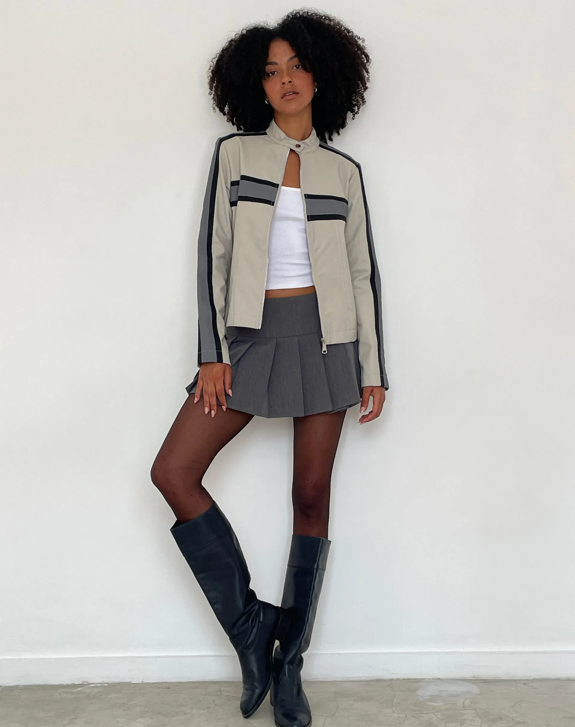 Motel Rocks Pu Jackets-MOTEL X JACQUIE Oliver Zip Up Jacket in Grey PU with Dark Grey Stripe PUSilverandGrey