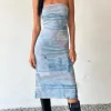 Motel Rocks Printed Dresses | Day Dresses-MOTEL X JACQUIE Suki Bandeau Midi Dress in Mesh Abstract Paint Brush Blue
