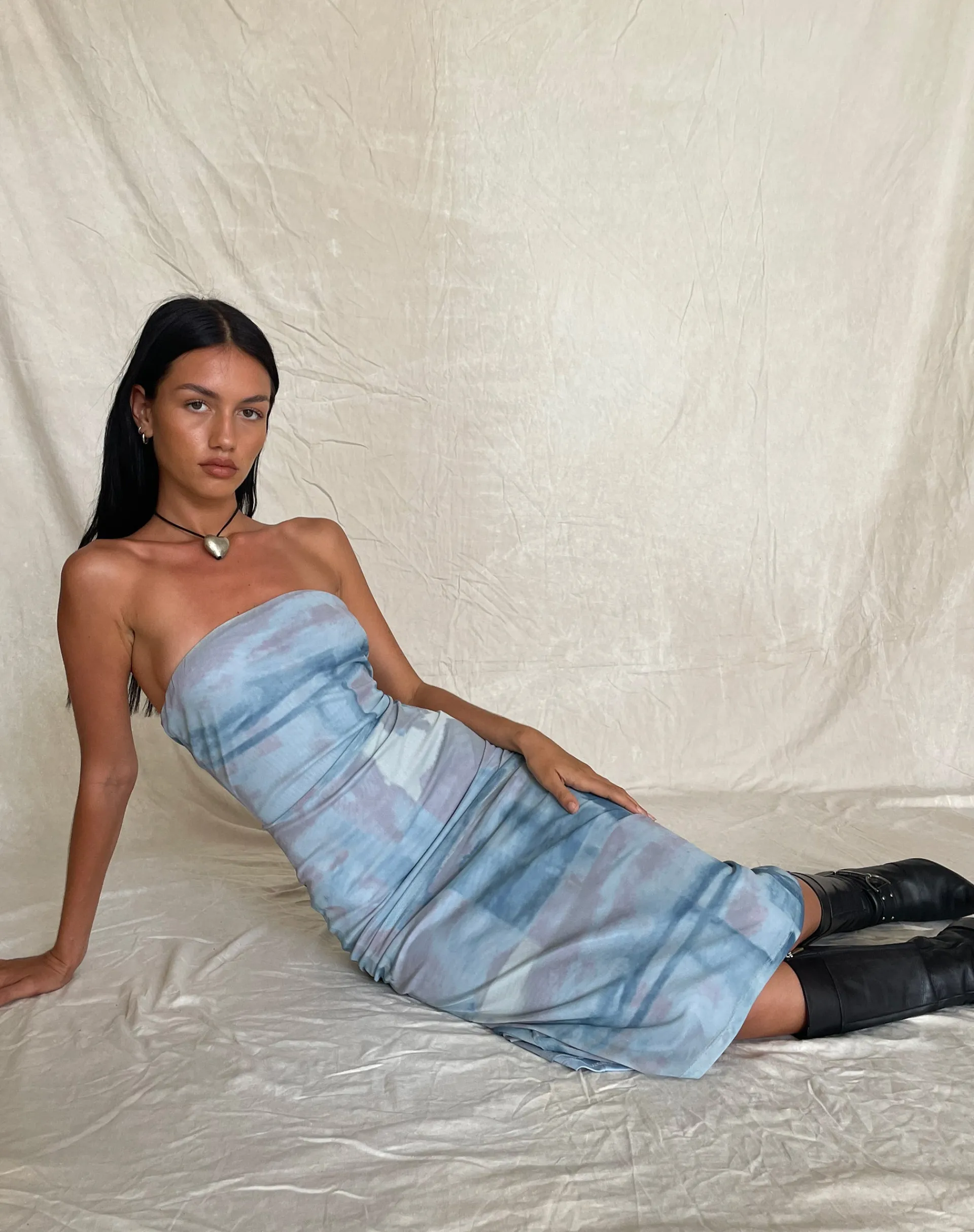 Motel Rocks Printed Dresses | Day Dresses-MOTEL X JACQUIE Suki Bandeau Midi Dress in Mesh Abstract Paint Brush Blue