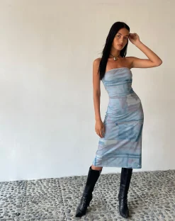 Motel Rocks Printed Dresses | Day Dresses-MOTEL X JACQUIE Suki Bandeau Midi Dress in Mesh Abstract Paint Brush Blue