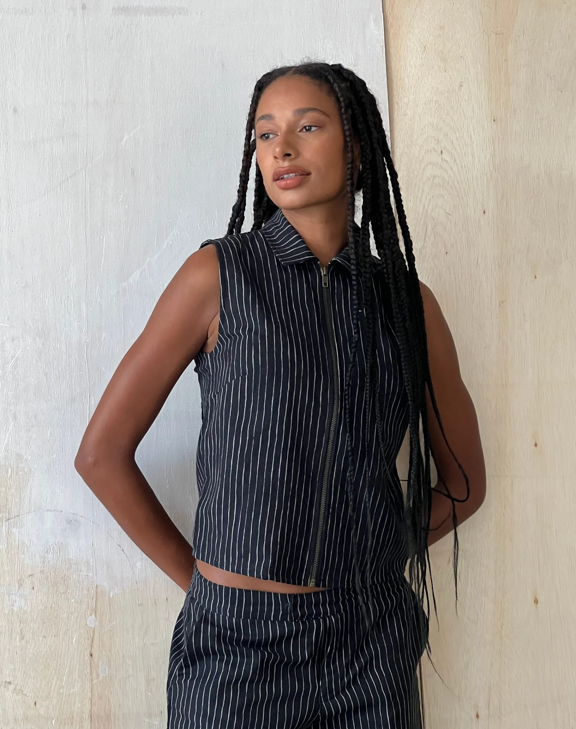 Motel Rocks Vest Tops | Printed Tops-MOTEL X JACQUIE Virago Zip Up Sleeveless Jacket in Sketchy Stripe Black