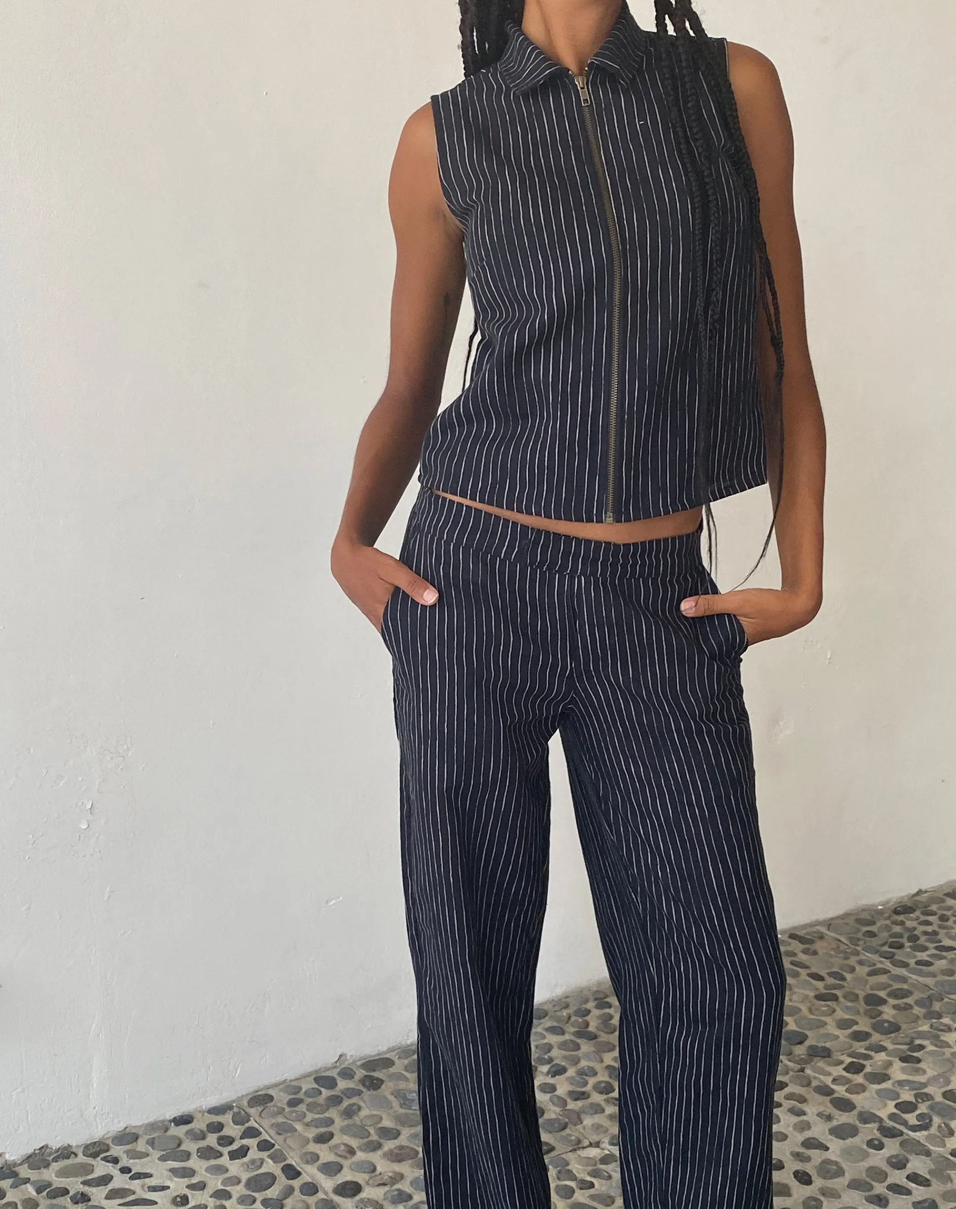 Motel Rocks Vest Tops | Printed Tops-MOTEL X JACQUIE Virago Zip Up Sleeveless Jacket in Sketchy Stripe Black