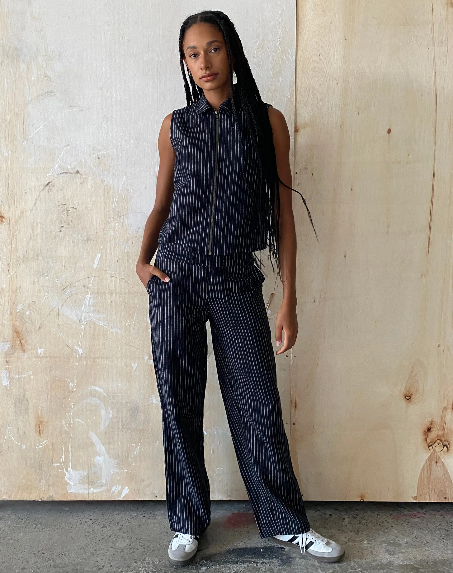 Motel Rocks Vest Tops | Printed Tops-MOTEL X JACQUIE Virago Zip Up Sleeveless Jacket in Sketchy Stripe Black