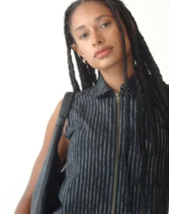 Motel Rocks Vest Tops | Printed Tops-MOTEL X JACQUIE Virago Zip Up Sleeveless Jacket in Sketchy Stripe Black