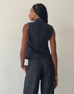 Motel Rocks Vest Tops | Printed Tops-MOTEL X JACQUIE Virago Zip Up Sleeveless Jacket in Sketchy Stripe Black