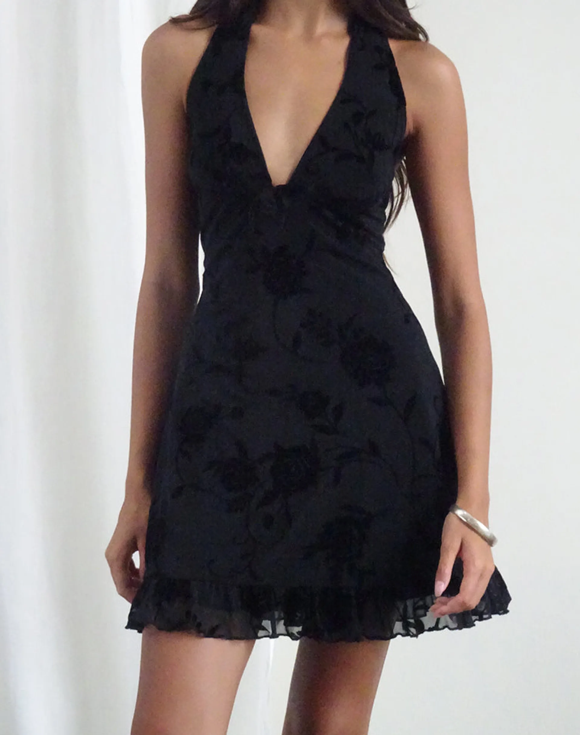 Motel Rocks Day Dresses | Bodycon Dresses-Motya Halterneck Mini Dress in Floral Rose Flocked Black