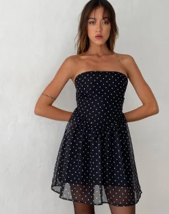 Motel Rocks Printed Dresses | Bandeau Dresses-Murni Bandeau Mini Dress in Polka Black Chiffon