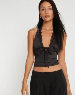 Motel Rocks Halterneck Tops | Lace Tops-Mutsuki Halterneck Top in Satin Black SatinBlack