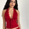 Motel Rocks Co-Ords | Halterneck Tops-Mutsuki Top in Dark Red darkred