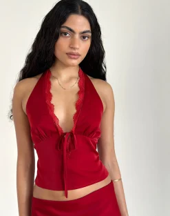 Motel Rocks Co-Ords | Halterneck Tops-Mutsuki Top in Dark Red darkred
