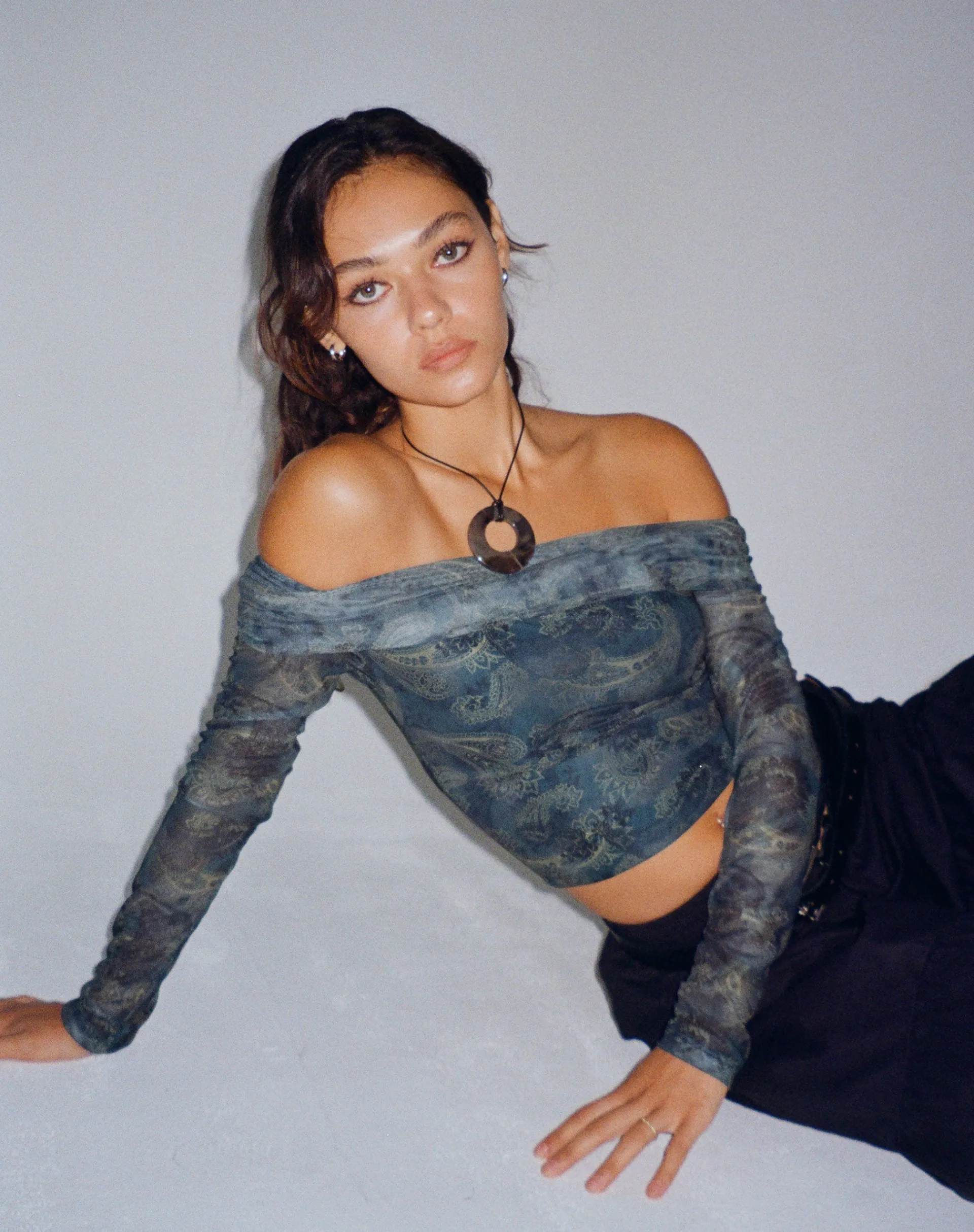 Motel Rocks Printed Tops | Long Sleeve Tops-Nagini Long Sleeve Bardot Top in Tonal Blue Paisley TonalBluePaisley