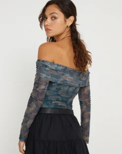 Motel Rocks Printed Tops | Long Sleeve Tops-Nagini Long Sleeve Bardot Top in Tonal Blue Paisley TonalBluePaisley