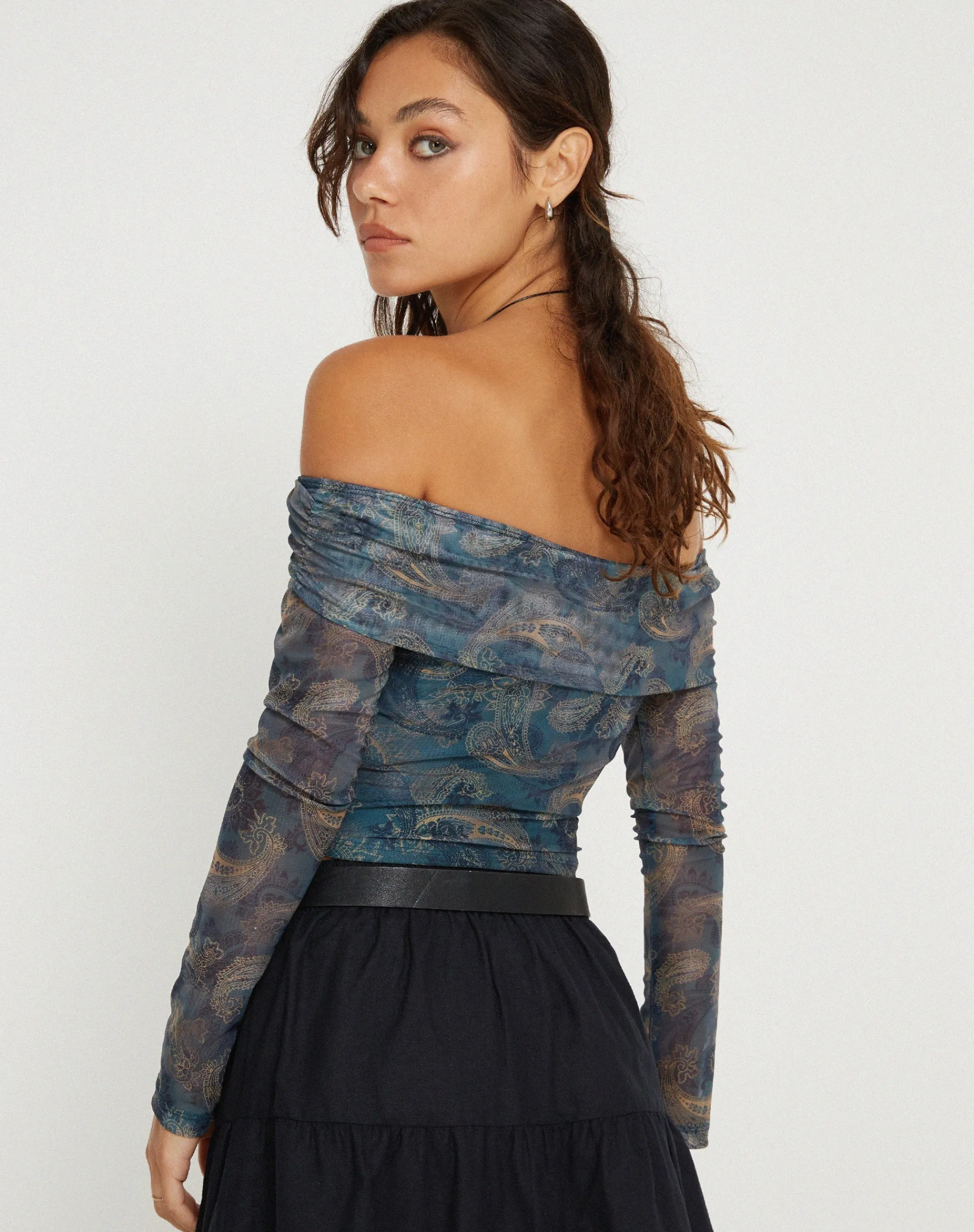 Motel Rocks Printed Tops | Long Sleeve Tops-Nagini Long Sleeve Bardot Top in Tonal Blue Paisley TonalBluePaisley