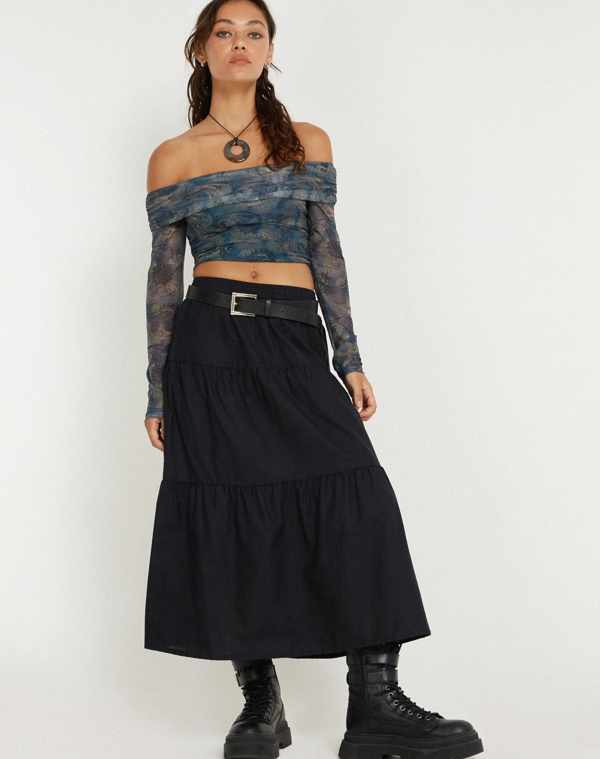 Motel Rocks Printed Tops | Long Sleeve Tops-Nagini Long Sleeve Bardot Top in Tonal Blue Paisley TonalBluePaisley