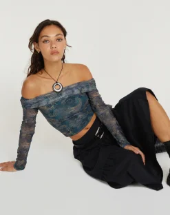 Motel Rocks Printed Tops | Long Sleeve Tops-Nagini Long Sleeve Bardot Top in Tonal Blue Paisley TonalBluePaisley