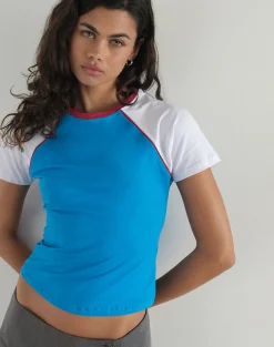 Motel Rocks Basic Tops | Tees-Nagita Racer Top in Aqua Blue with Red Binding