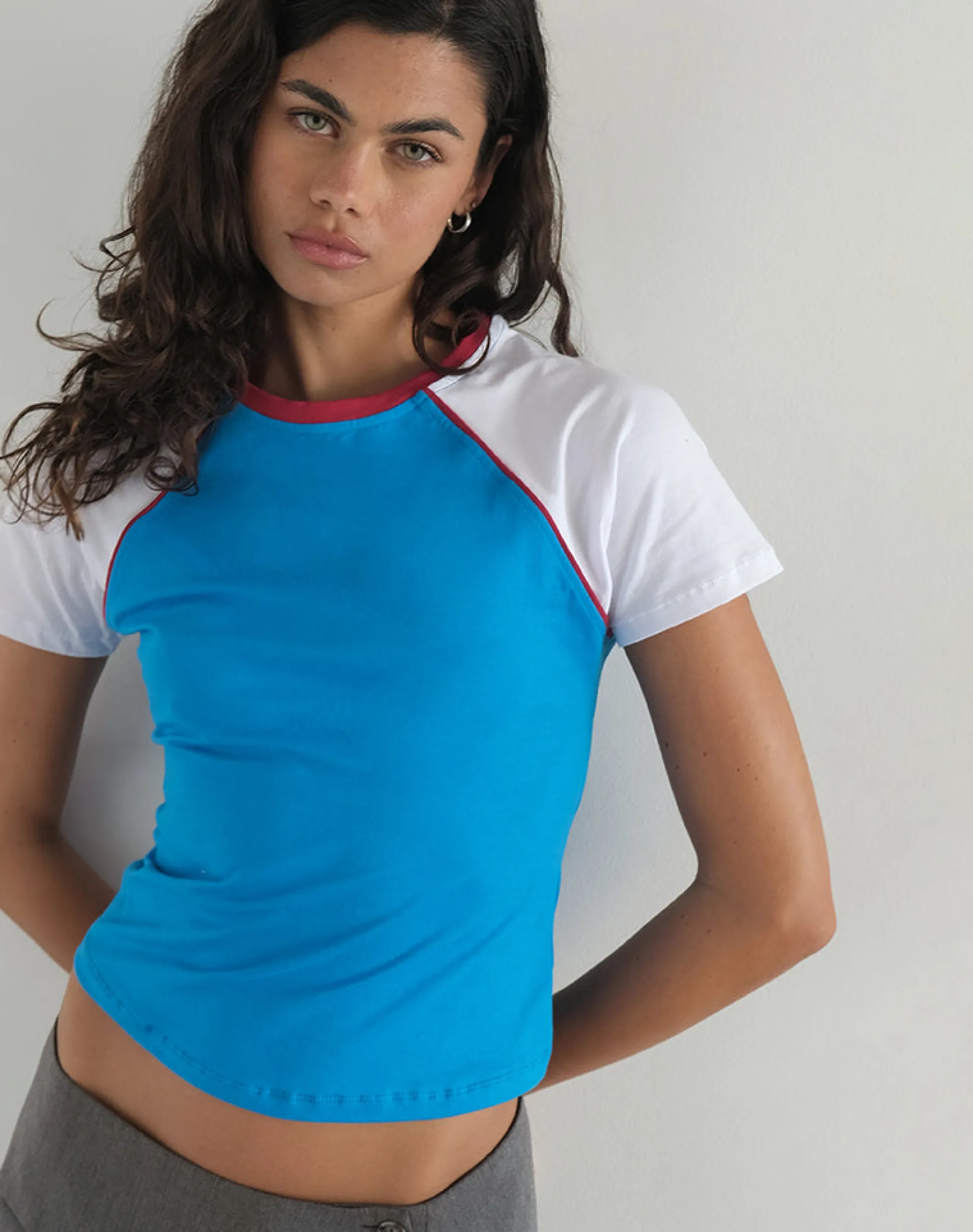 Motel Rocks Basic Tops | Tees-Nagita Racer Top in Aqua Blue with Red Binding