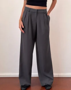 Motel Rocks Wide Leg Pants-Nailaka Low Rise Wide Leg Tailored Trouser in Dark Charcoal DarkCharcoal