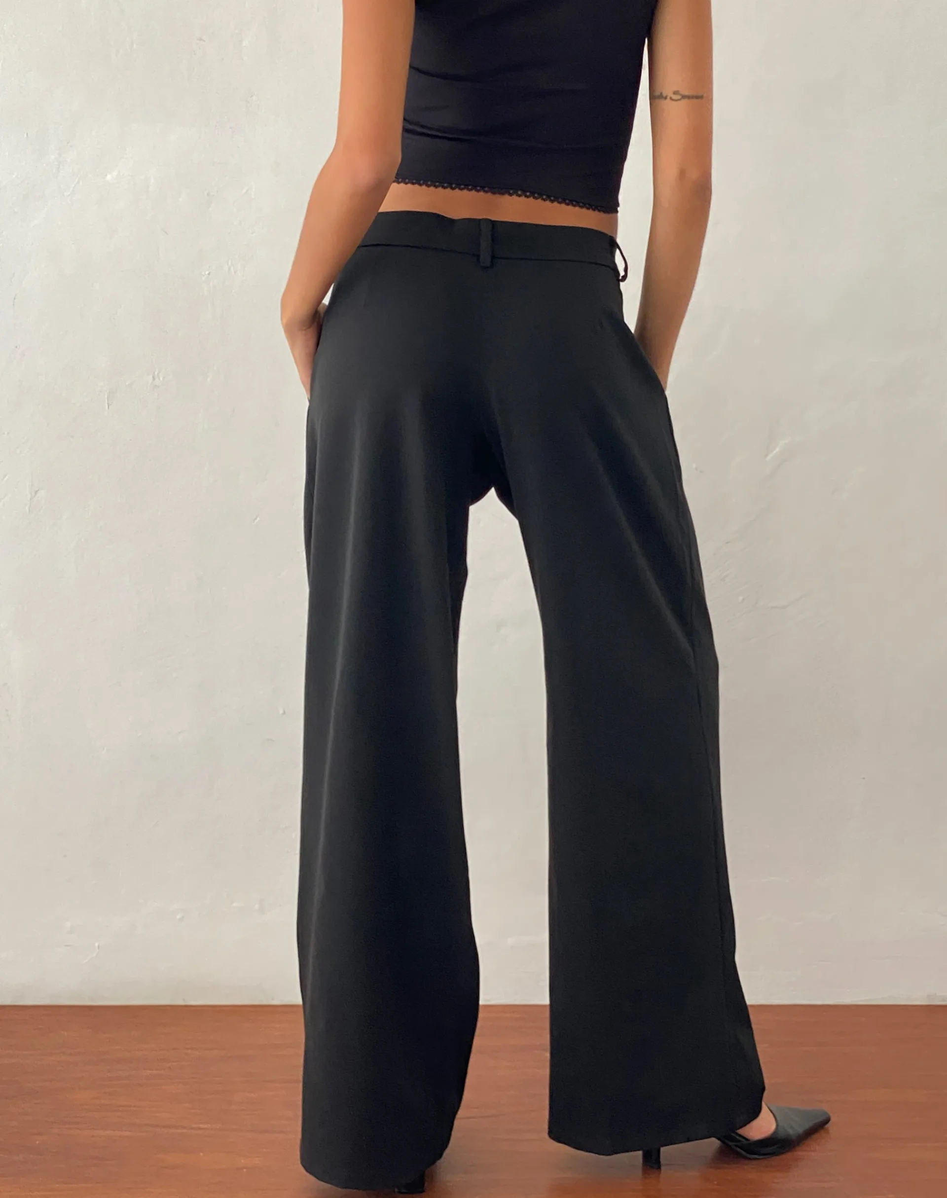 Motel Rocks Wide Leg Pants | Low Rise Pants-Nailaka Low Rise Wide Leg Tailored Trouser in Black