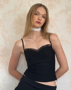 Motel Rocks Basic Tops | Strappy Tops-Nalanie Chiffon Frill Cami Top in Black